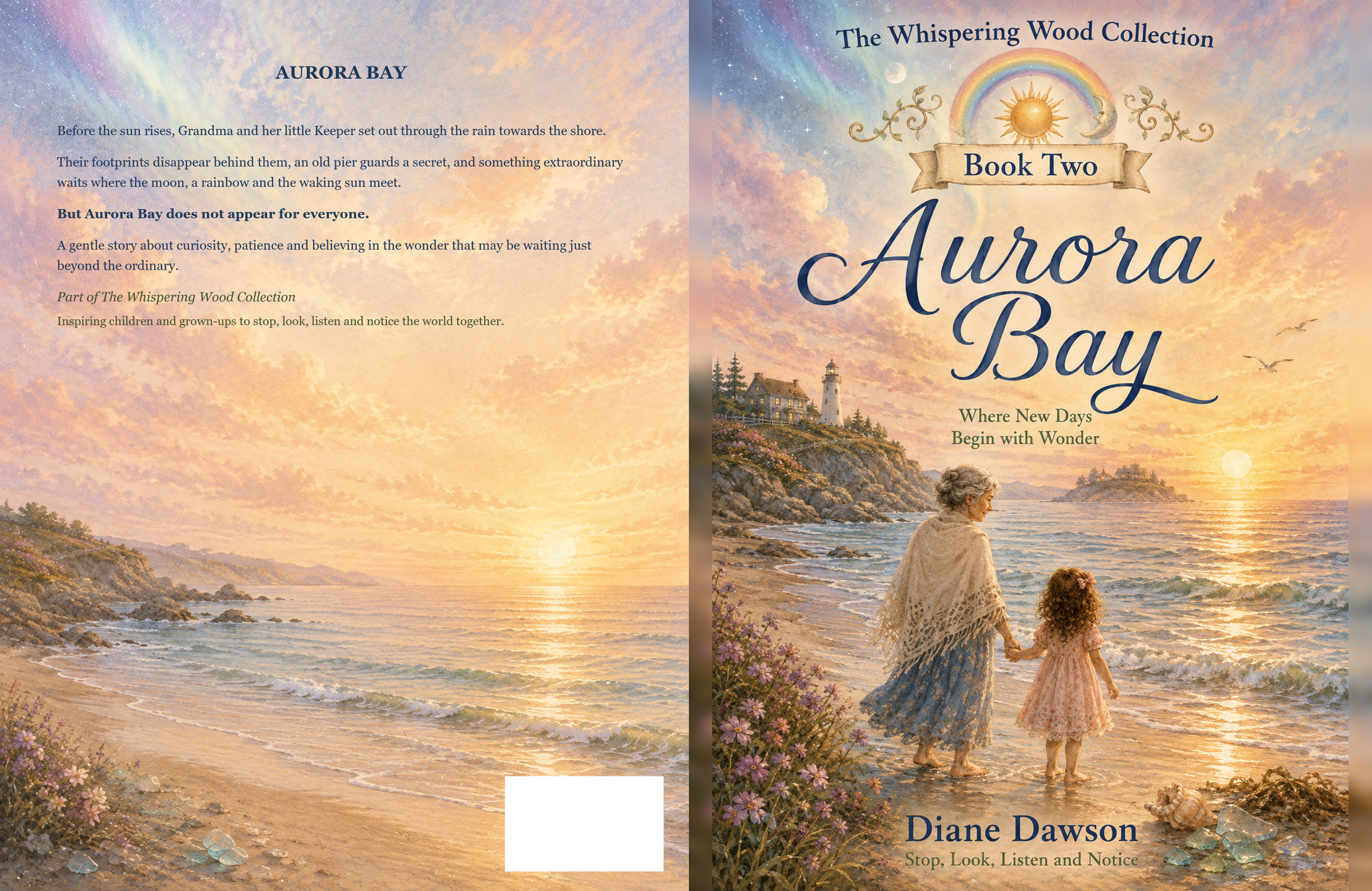 Cover of Aurora Bay, showing Grandma and Willow walking towards the shore.