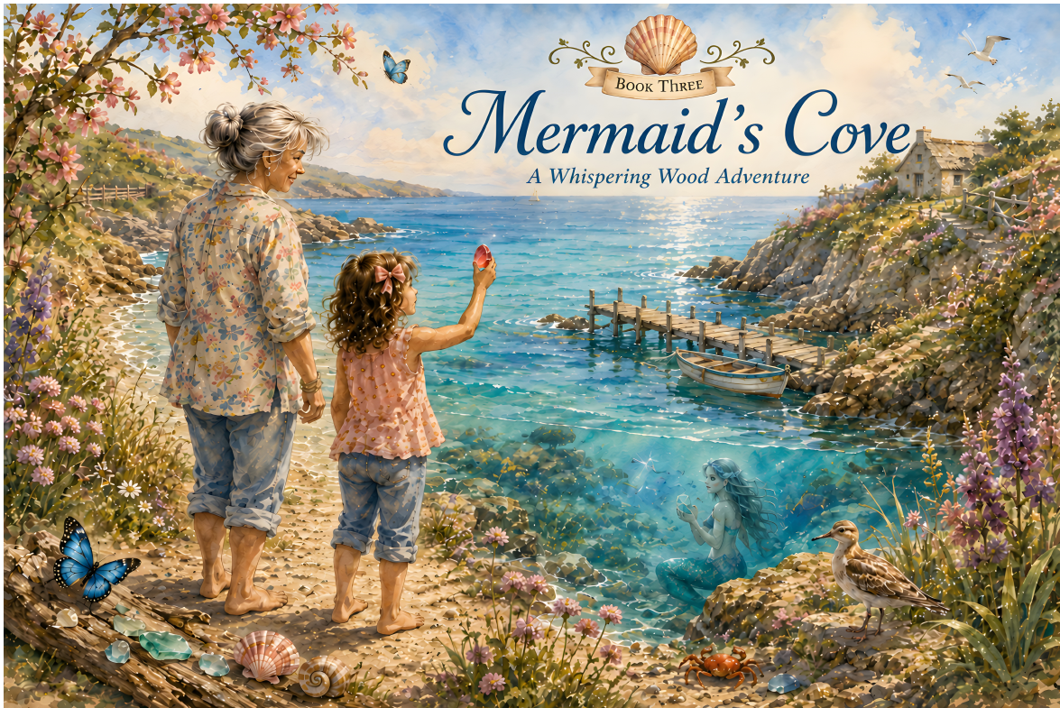 Cover of Mermaid’s Cove, showing Grandma and Willow at the water’s edge.